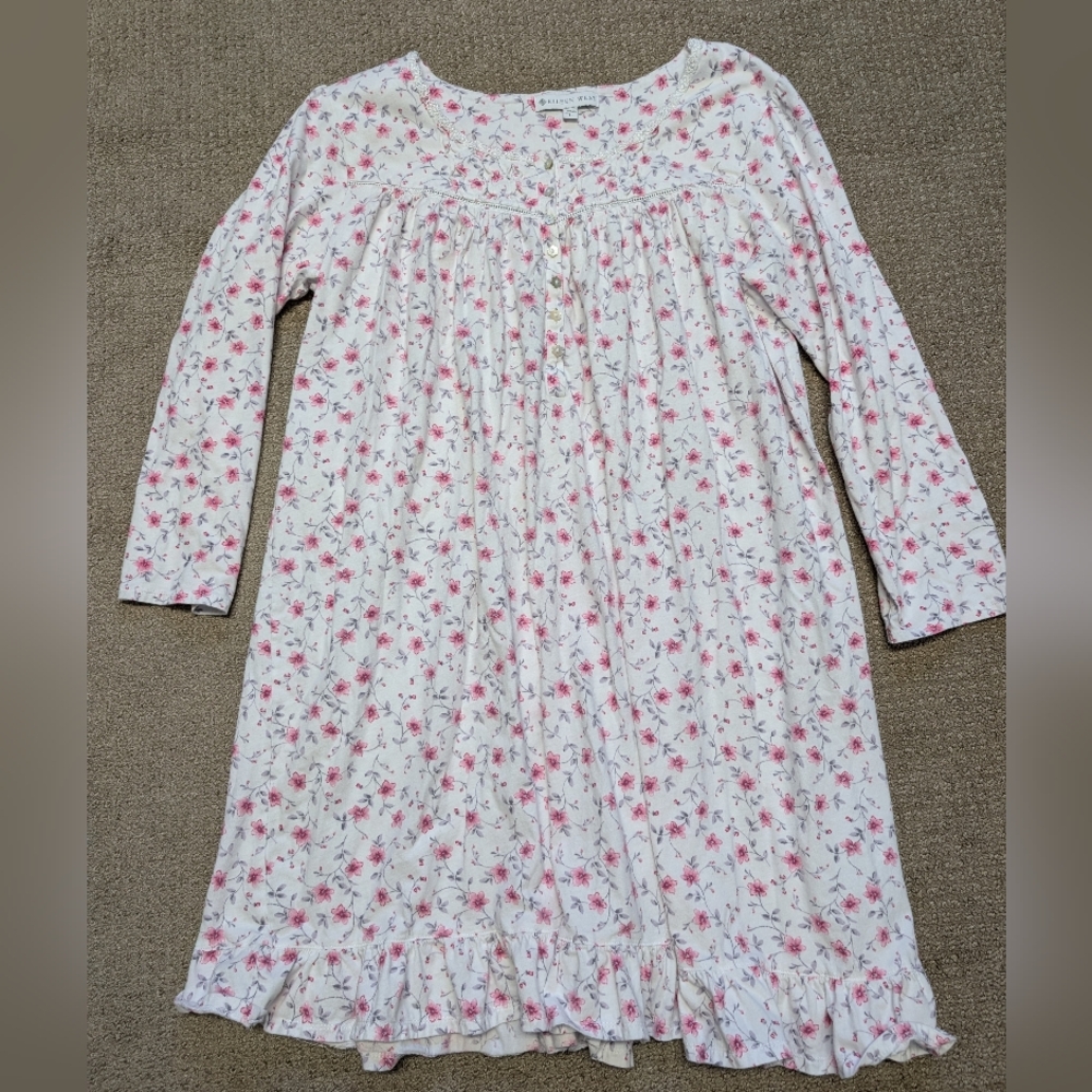 Eileen West Pajama Traditional Nightgown Long Sleeve Cotton Floral Pink Sz L